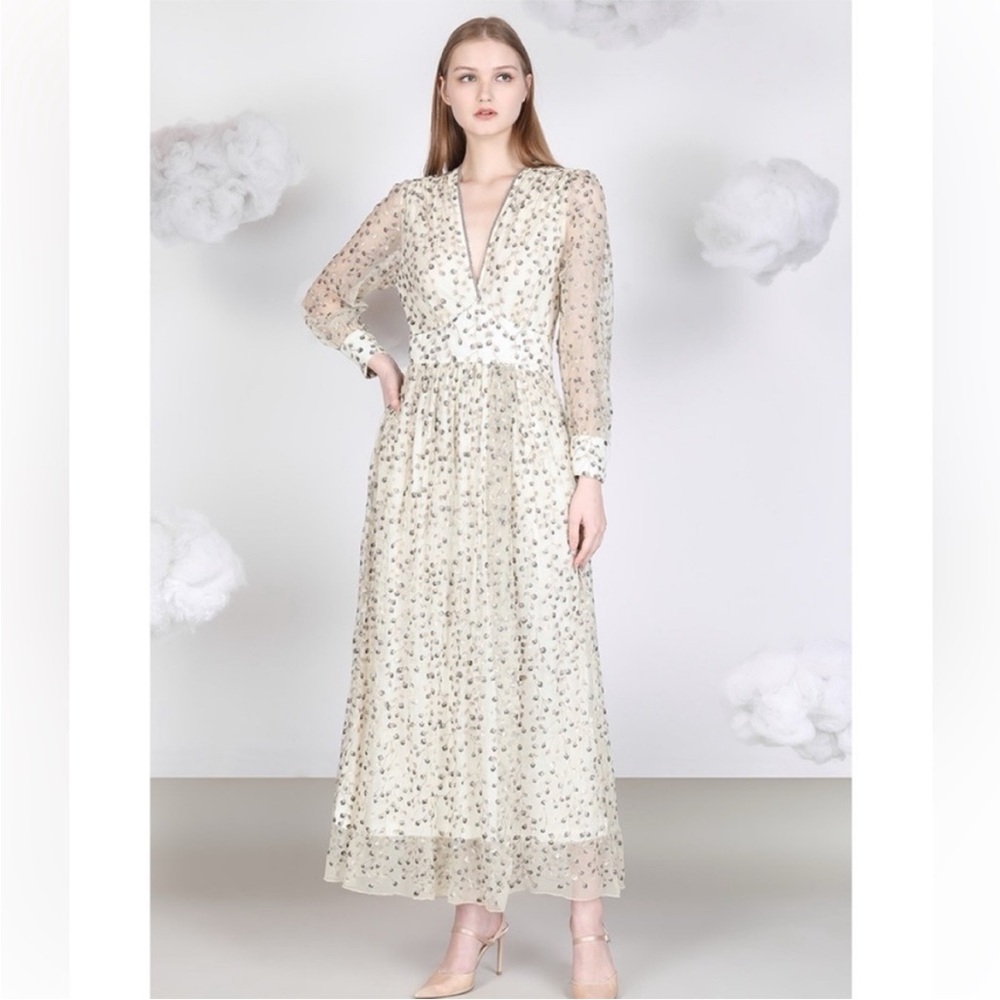 NWT Blank London Phileena Metallic Embroidered Maxi Dress Ivory Gold Small